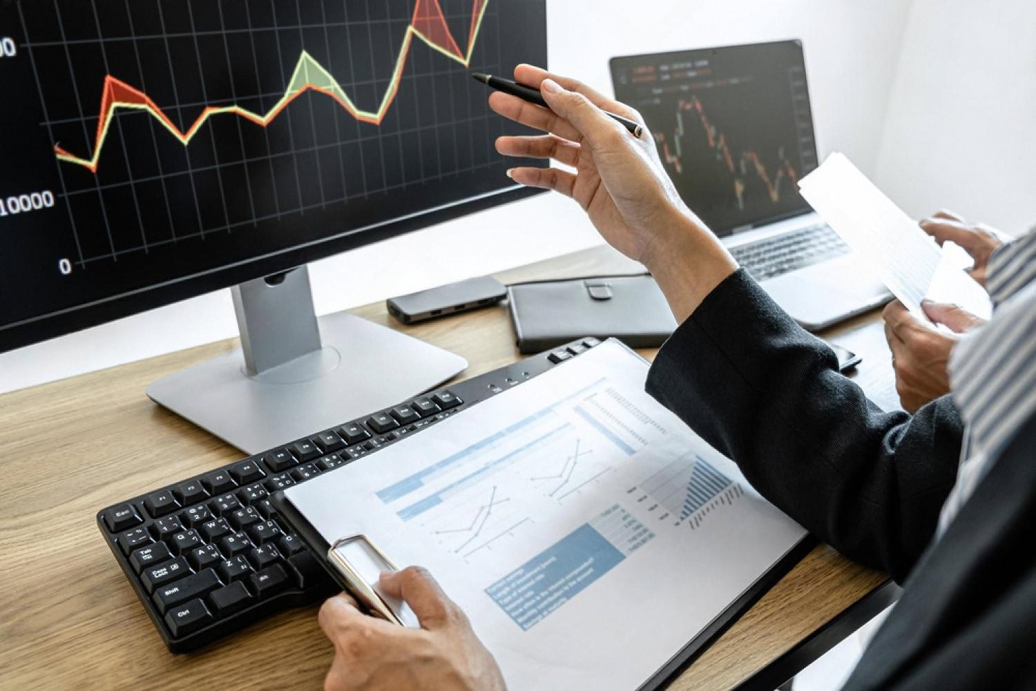 Financial charts and market data on a desktop screen used for business risk analysis